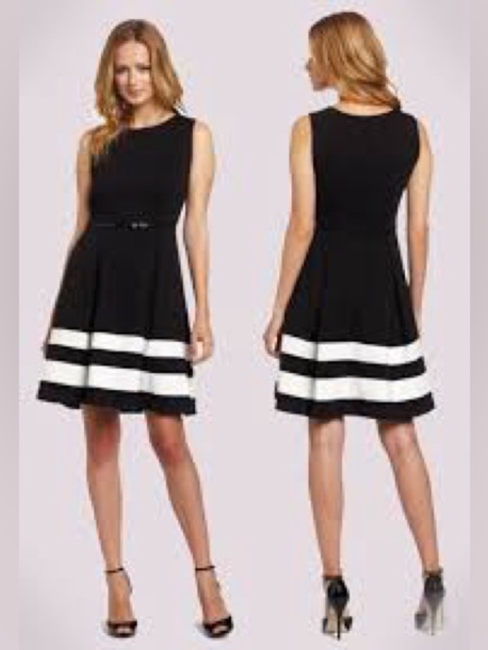 Emma & Michele Black Sleeveless Fit-and-Flare Dress with White Hem Bands